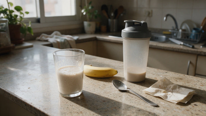 Vaso de batido y shaker sobre una encimera de cocina, con un plátano y una cuchara