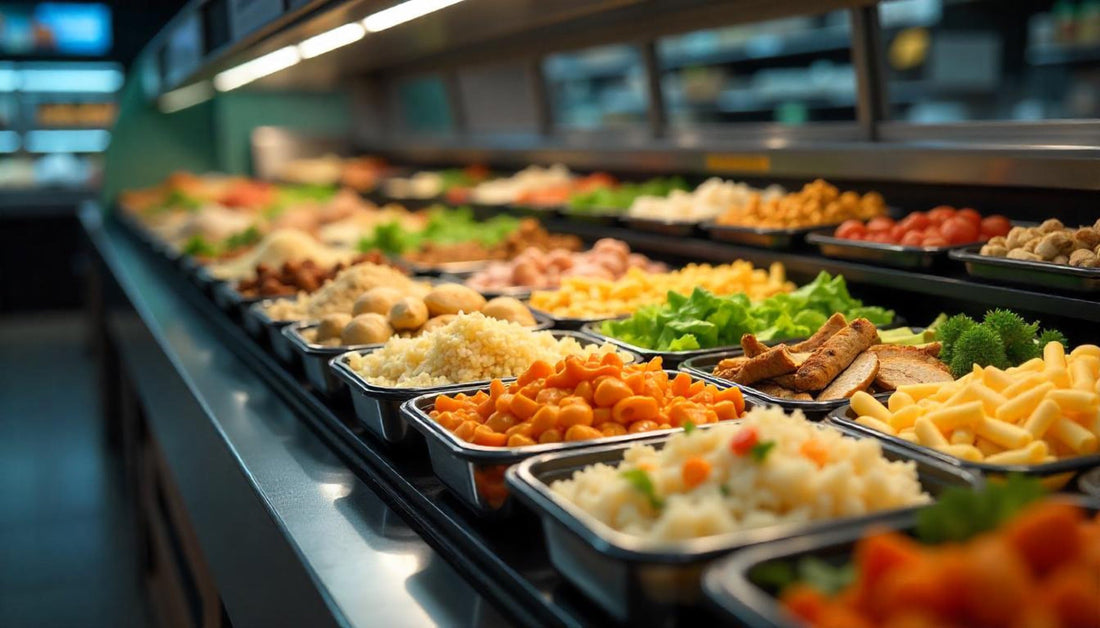 Mostrador de comida preparada con bandejas repletas de alimentos listos para consumir en un supermercado