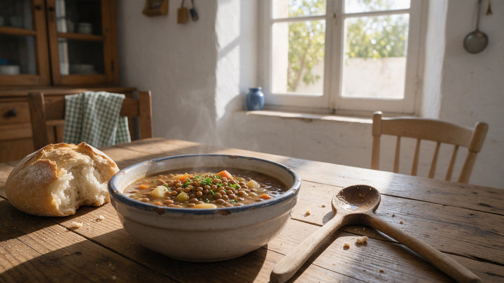 Guiso de lentejas con pan en una mesa de cocina, con luz de ventana