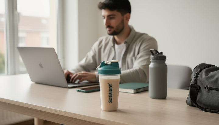 Young person working while drinking a Satislent complete meal shake