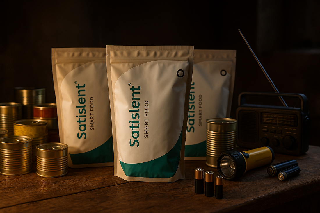 Paquetes de Satislent Smart Food colocados sobre una mesa de madera, rodeados de latas de comida, una linterna, pilas y una radio solar, en un ambiente con poca luz que sugiere un apagón eléctrico