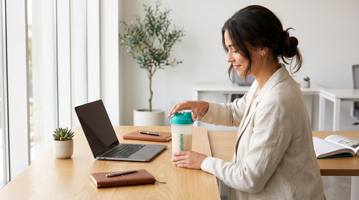 Lifestyle photo of a quick, healthy lunch at a desk