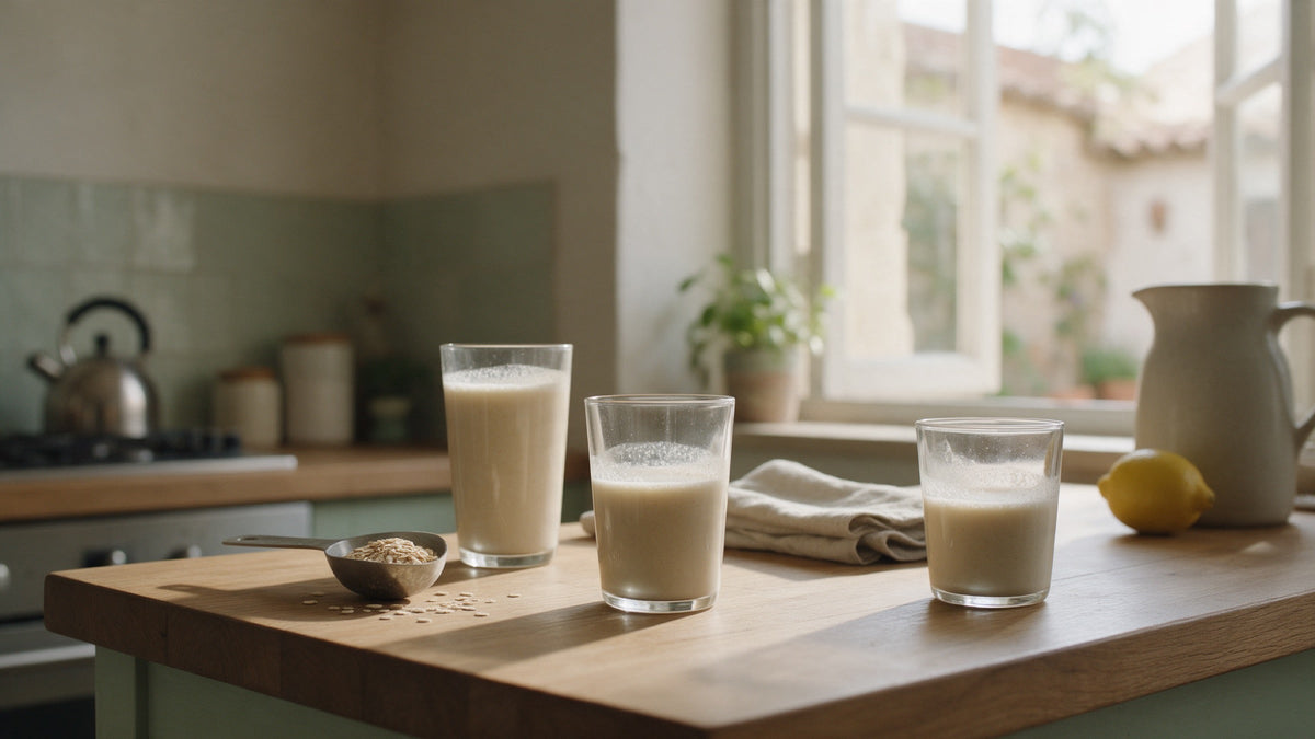 Tres vasos de batido de comida completa sobre la encimera de madera de una cocina, junto a una cuchara con copos de avena, un limón y una jarra