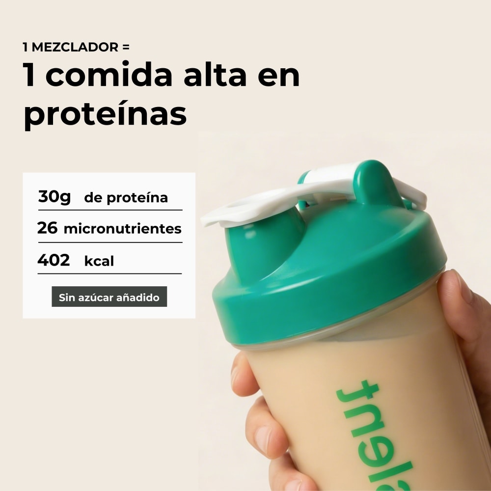 Un mezclador equivale a una comida alta en proteínas: 30 g de proteína, 26 micronutrientes y 402 kcal, sin azúcar añadido