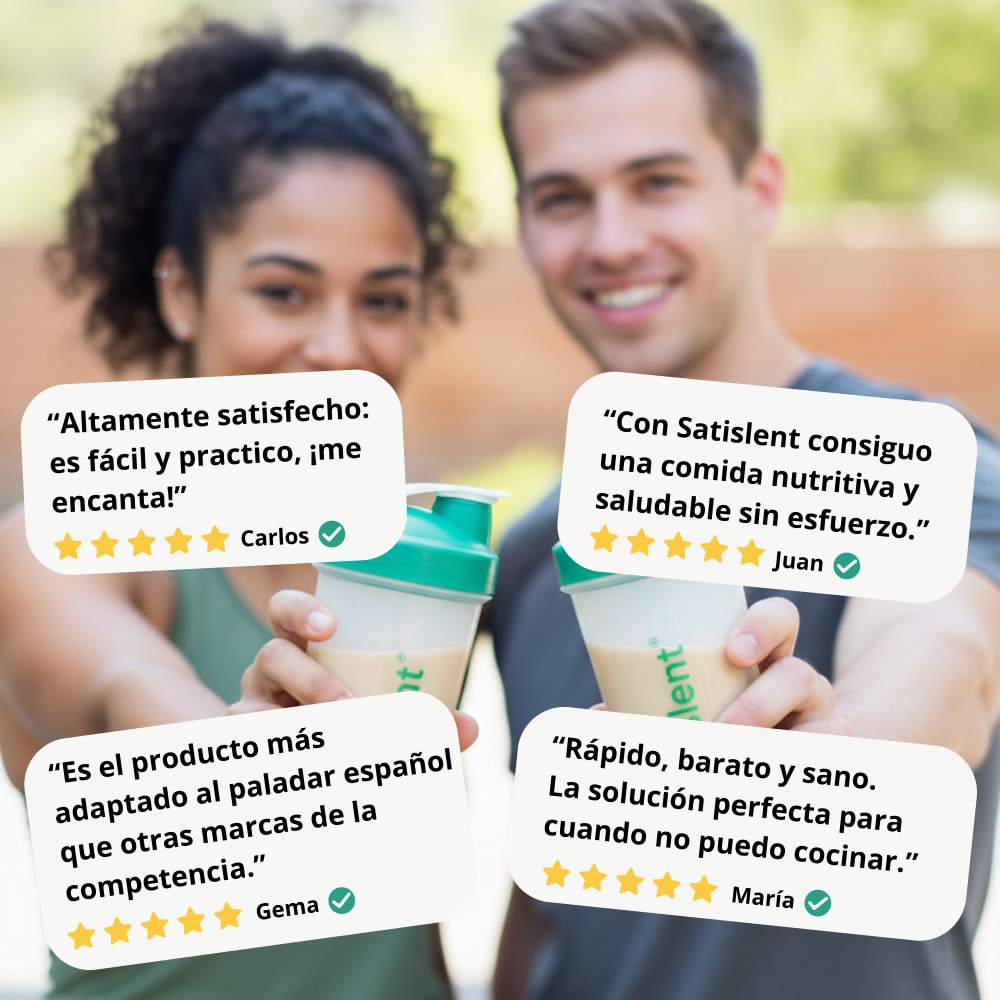 Opiniones de clientes de Satislent con cinco estrellas: fácil y práctico, comida nutritiva sin esfuerzo, adaptado al paladar español, y rápido, barato y sano