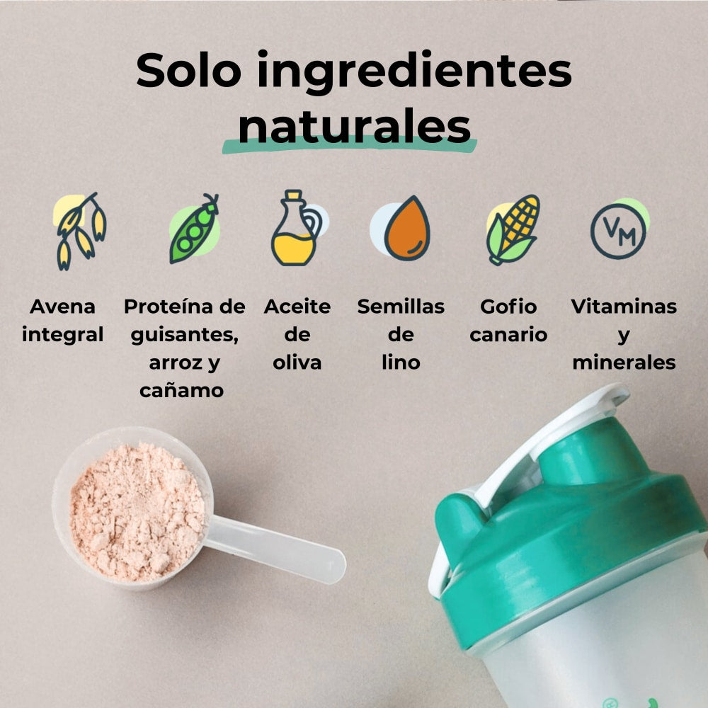 Solo ingredientes naturales: avena integral, proteína de guisantes, arroz y cáñamo, aceite de oliva, semillas de lino, gofio canario y vitaminas y minerales
