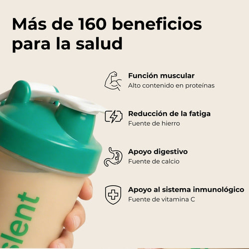 Más de 160 beneficios para la salud: función muscular por su alto contenido en proteínas, reducción de la fatiga por el hierro, apoyo digestivo por el calcio y apoyo al sistema inmunológico por la vitamina C