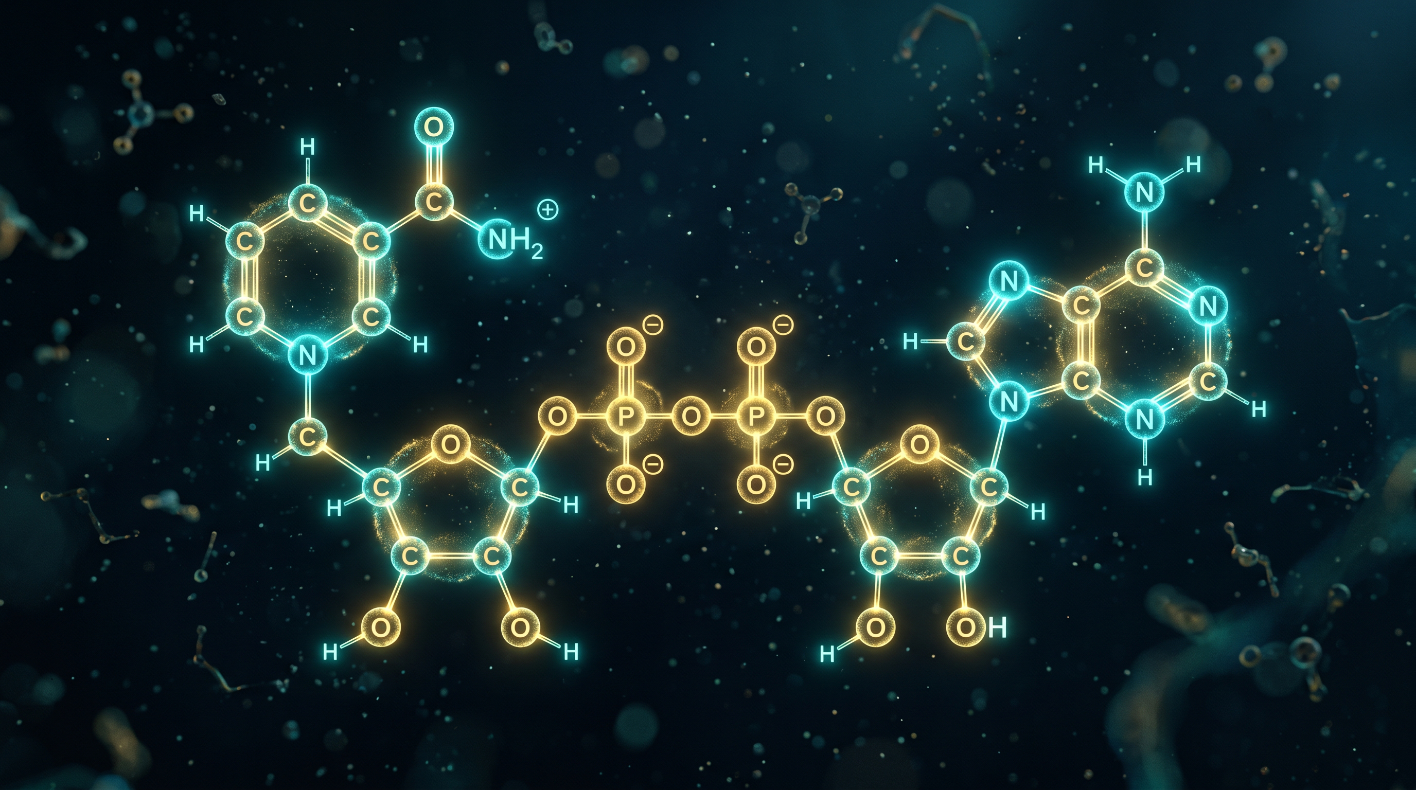 Representación visual de la molécula de NAD+, coenzima clave en el envejecimiento celular y la producción de energía