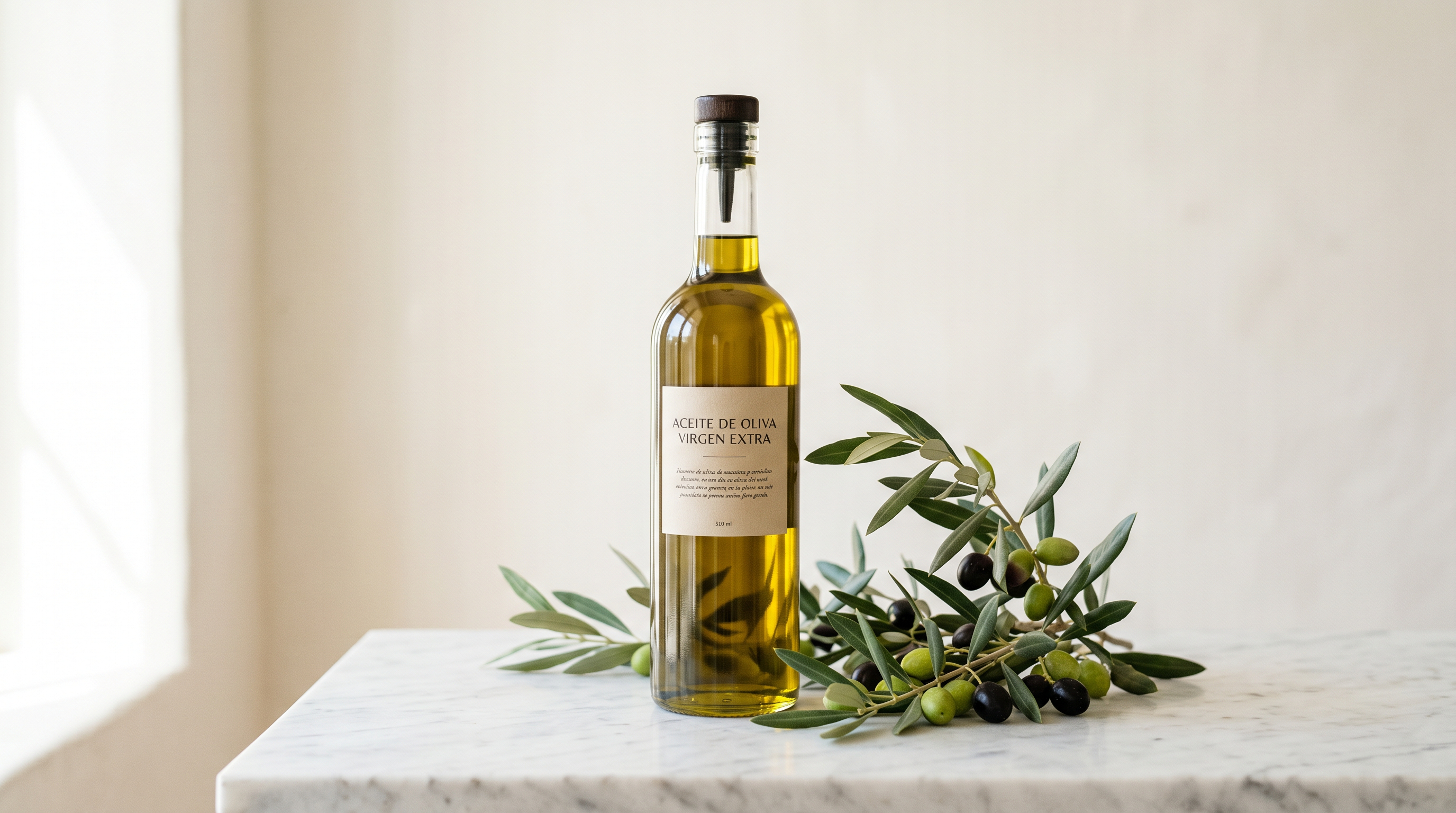 Bottle of extra virgin olive oil with olive branches on white marble