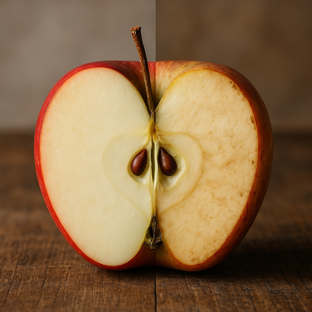 Half apple showing contrast between fresh and blemished appearance, proving equal nutritional value