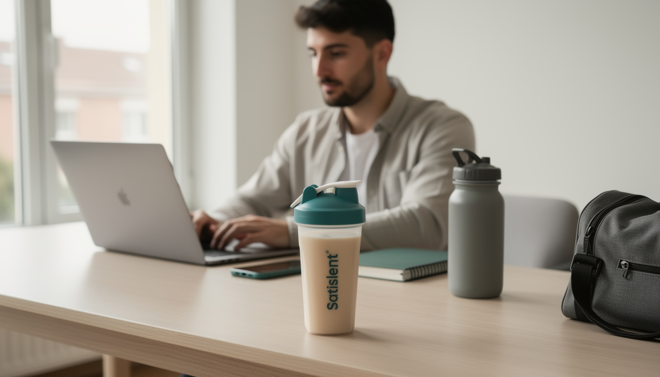 Hombre joven trabajando con un ordenador port&aacute;til en un escritorio minimalista con una bebida nutricional Satislent en primer plano
